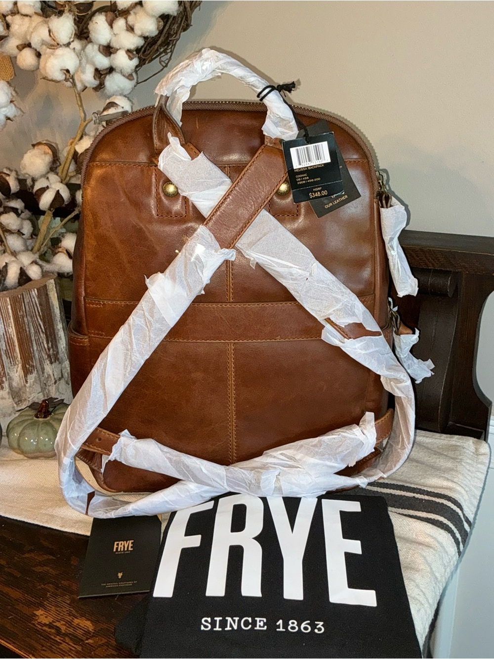 NWT Frye Melissa Leather Large Backpack Luggage Sleeve Cognac Brown MSRP $348 - Picture 2 of 15